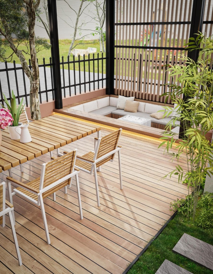 Terrasse en bois moderne avec coin repas et salon extérieur encastré