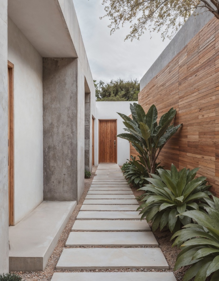 Allée extérieure moderne avec pas japonais, mur en bois et plantations décoratives